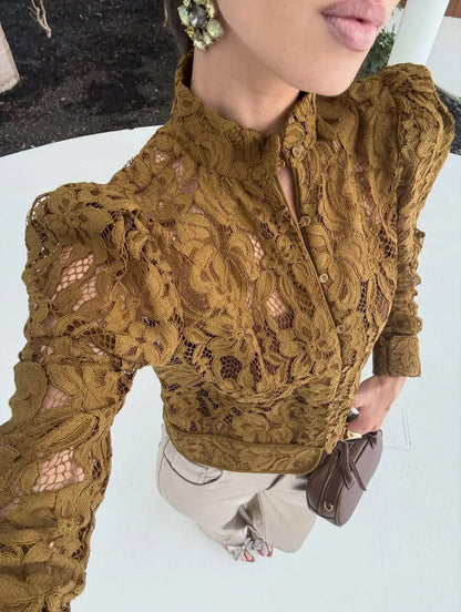 OLANE Long Sleeve Lace See-Through Blouse SWomen’s Tops