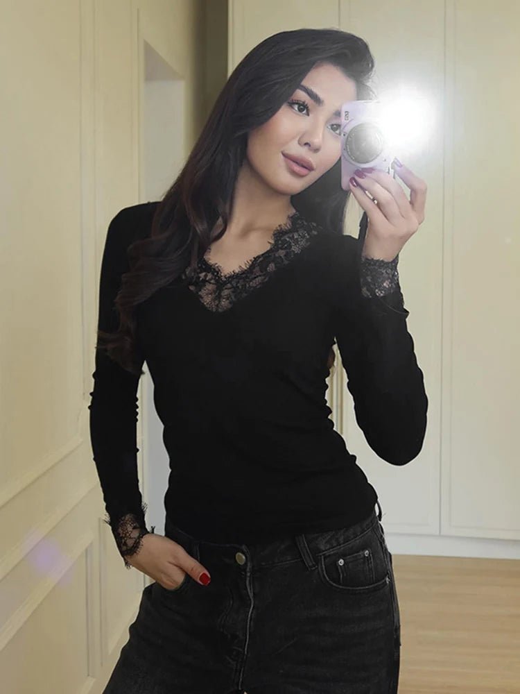 OLANE Long Sleeve Lace V-Neck Casual Top BlackSWomen’s Tops