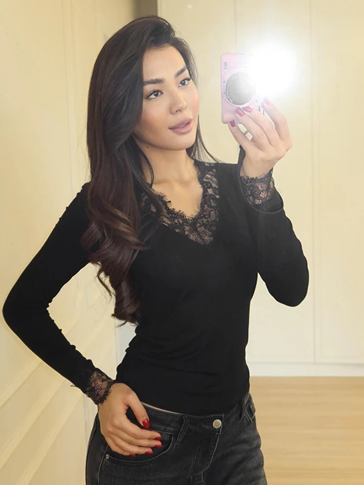 OLANE Long Sleeve Lace V-Neck Casual Top BlackSWomen’s Tops