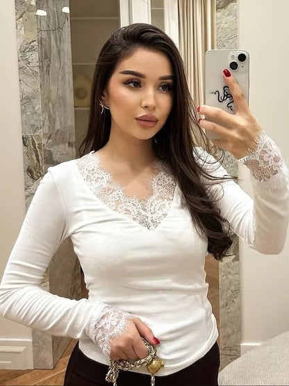 OLANE Long Sleeve Lace V-Neck Casual Top WhiteMWomen’s Tops
