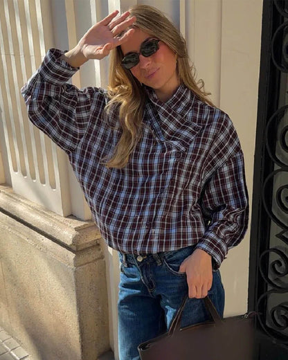 OLANE Long Sleeves Poplin Plaid Wrapped Top MWomen’s Tops