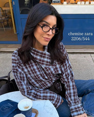 Long Sleeves Poplin Plaid Wrapped Top