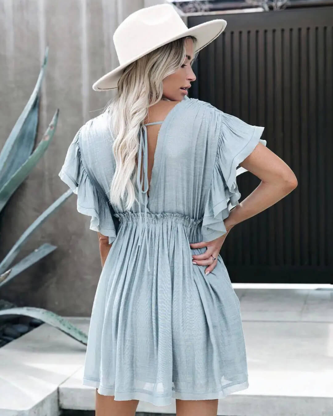 OLANE Loose Fit Babydoll Boho Mini Dress Light BlueOWomen's Dresses