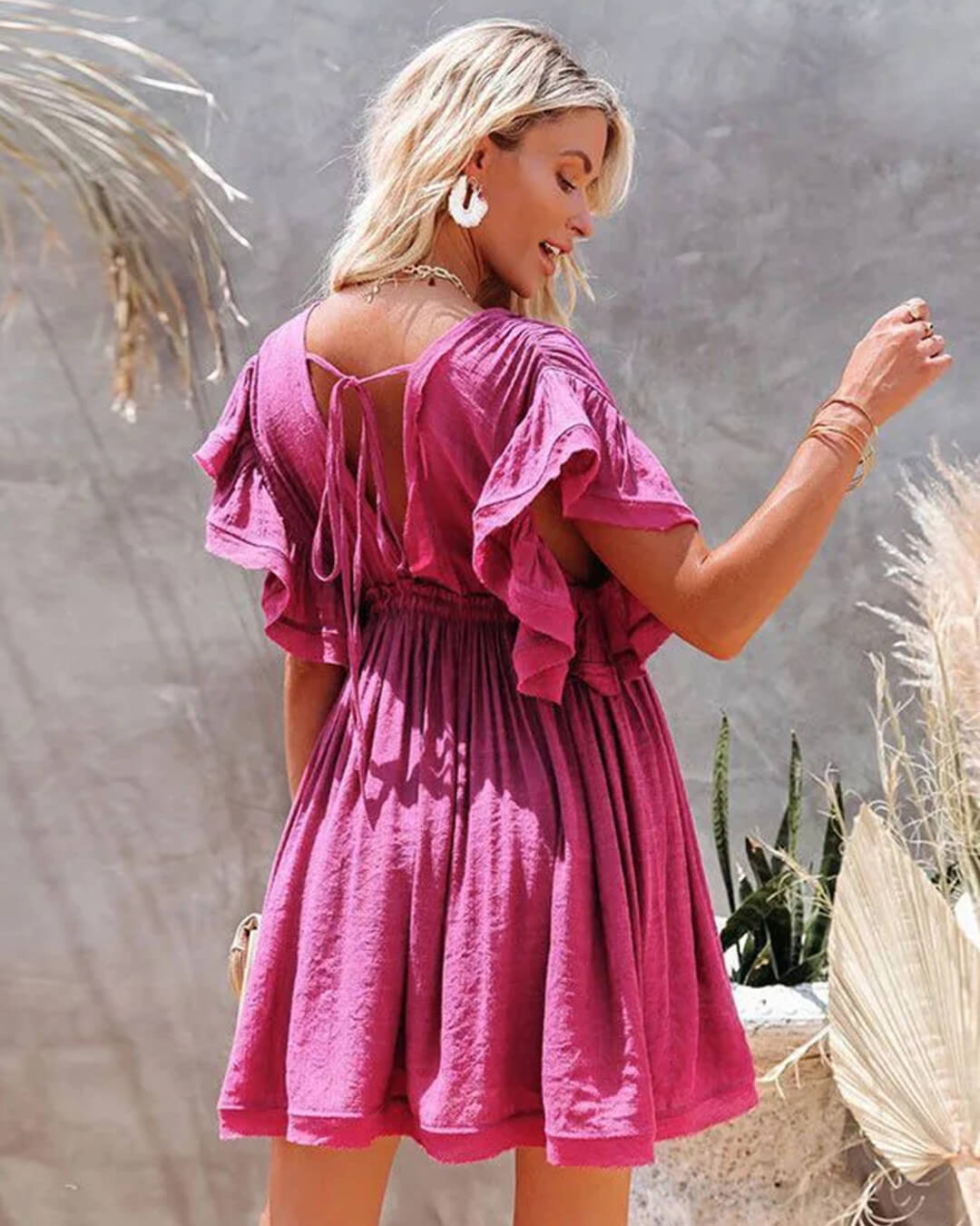 OLANE Loose Fit Babydoll Boho Mini Dress MagentaOWomen's Dresses