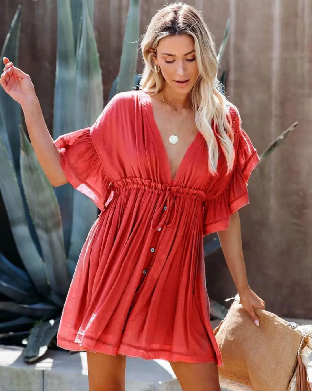 OLANE Loose Fit Babydoll Boho Mini Dress RedOWomen's Dresses