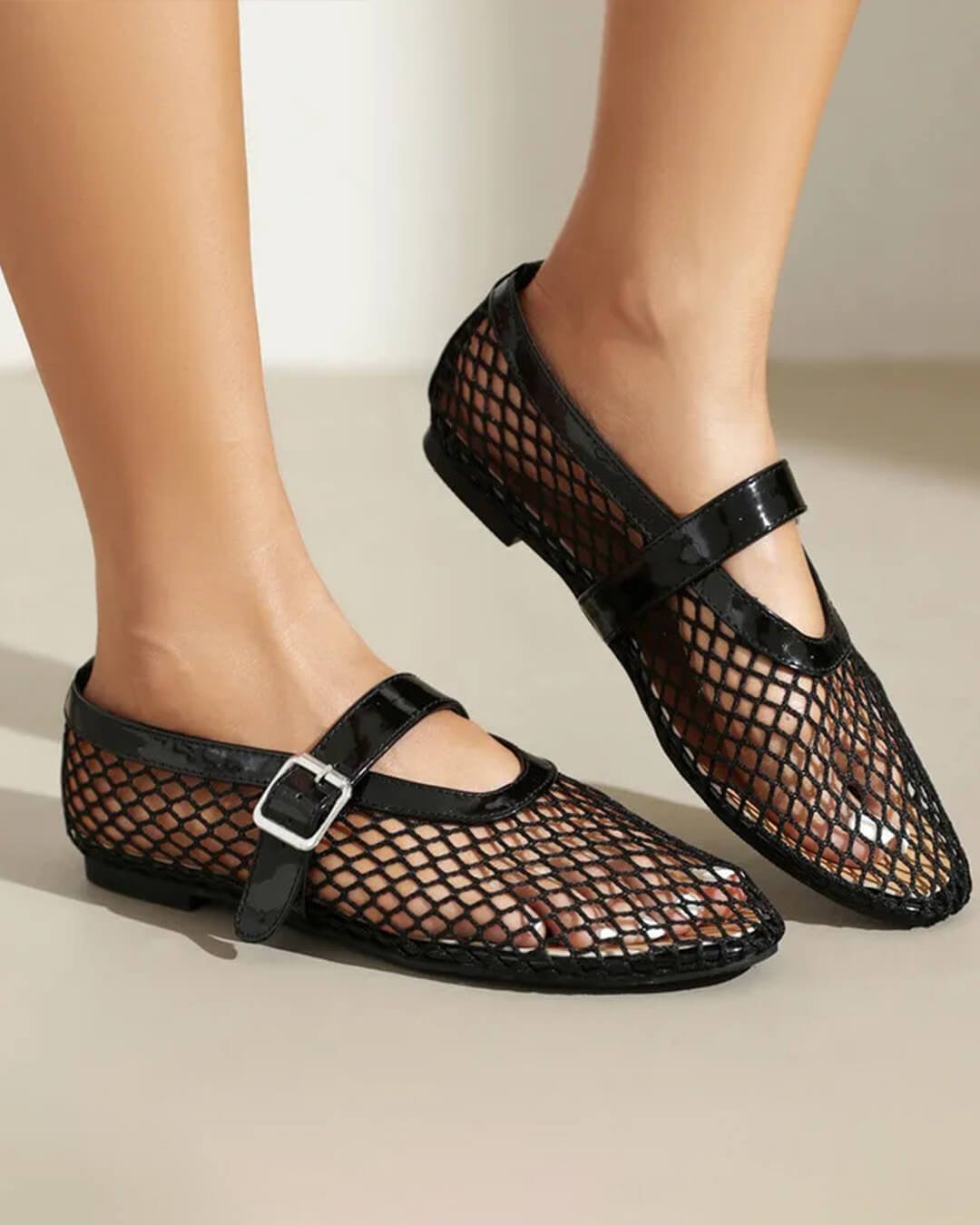 OLANE Luella Buckled Mesh Ballet Flats Black35Shoes