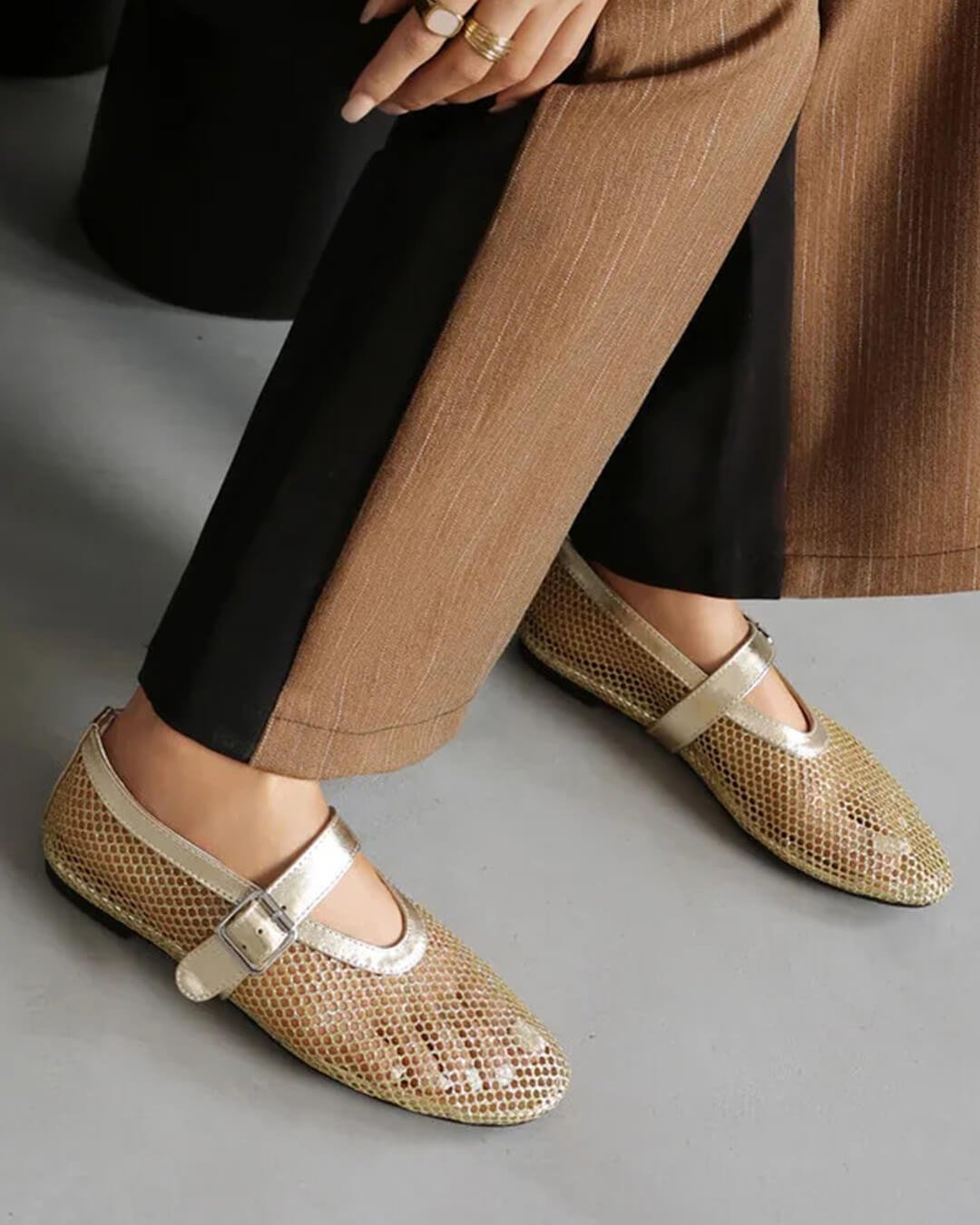 OLANE Luella Buckled Mesh Ballet Flats Gold35Shoes