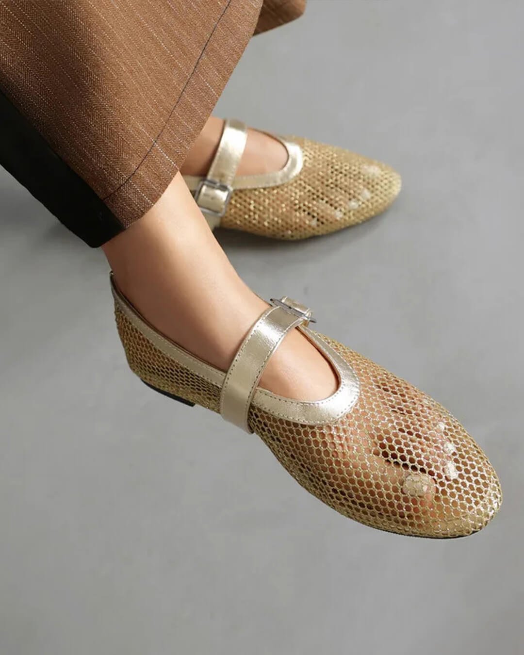 OLANE Luella Buckled Mesh Ballet Flats Gold35Shoes