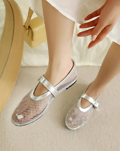 OLANE Luella Buckled Mesh Ballet Flats Silver35Shoes