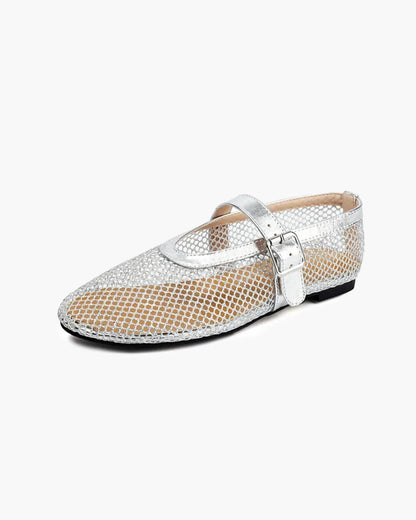 OLANE Luella Buckled Mesh Ballet Flats Silver35Shoes