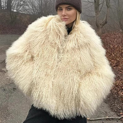 OLANE Mongolian Fuzzy Faux Fur Coat BeigeXSWomen's Coats & Jackets