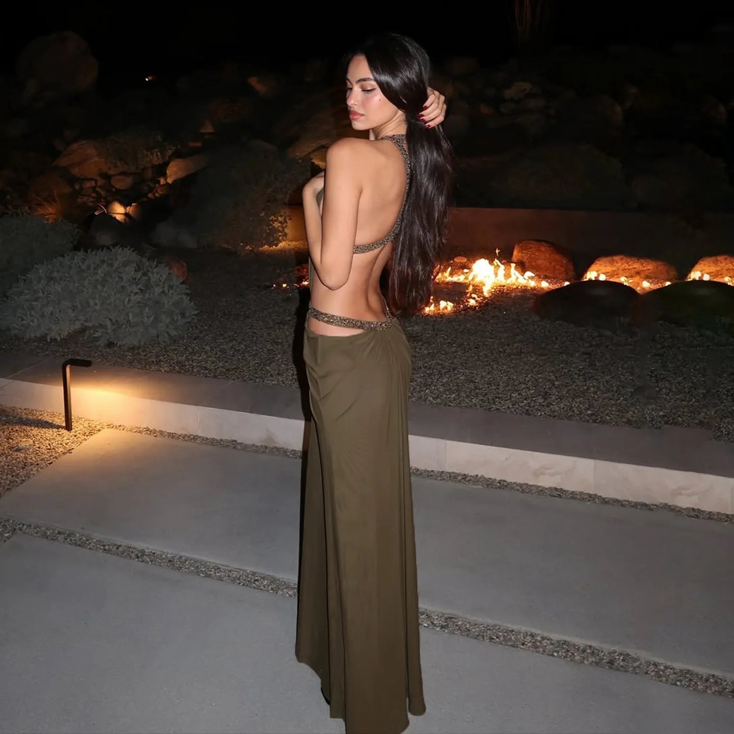 OLANE Nadia Halter Backless Ruched Maxi Dress GreenSWomen's Dresses