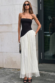 Robe maxi asymétrique épaules dénudées contraste