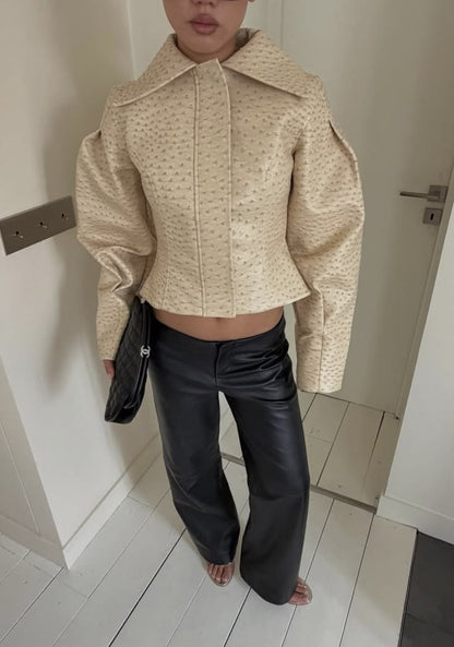 OLANE Ostrich Texture Cropped Faux Leather Jacket Women's Coats & Jackets