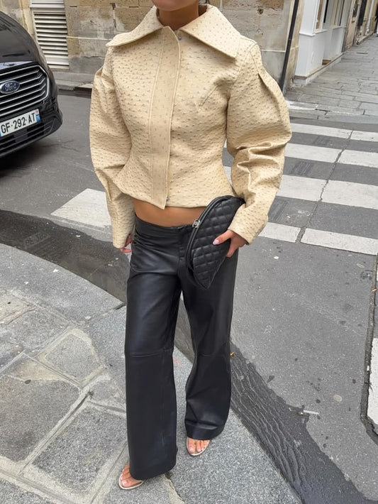 OLANE Ostrich Texture Cropped Faux Leather Jacket Women's Coats & Jackets