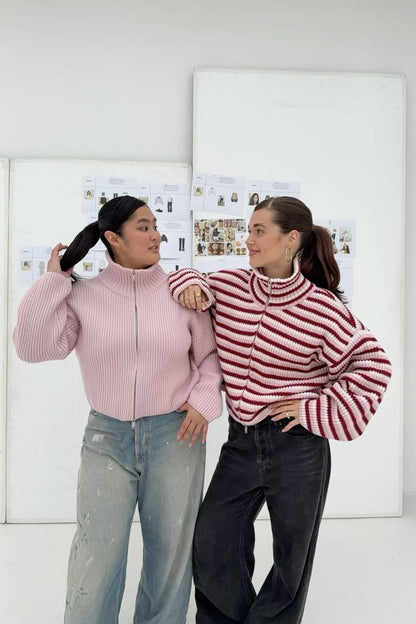 OLANE Oversized Ribbed Zip-Up Sweater PinkSCardigan