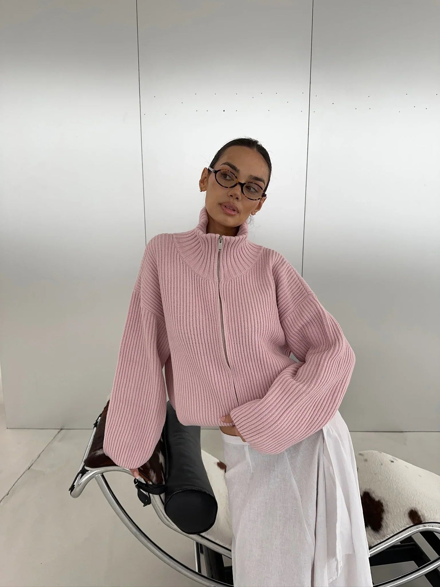OLANE Oversized Ribbed Zip-Up Sweater PinkSCardigan