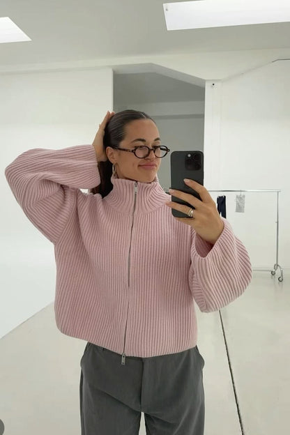 OLANE Oversized Ribbed Zip-Up Sweater PinkSCardigan