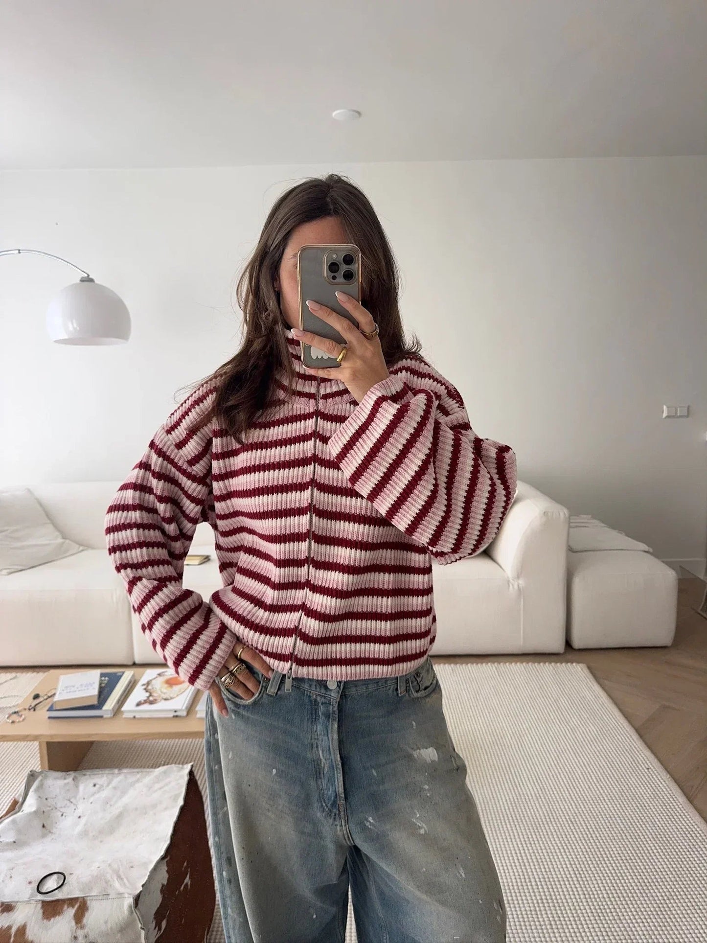 OLANE Oversized Striped Zip Knit Sweater PinkLWomen's Sweaters & Cardigans