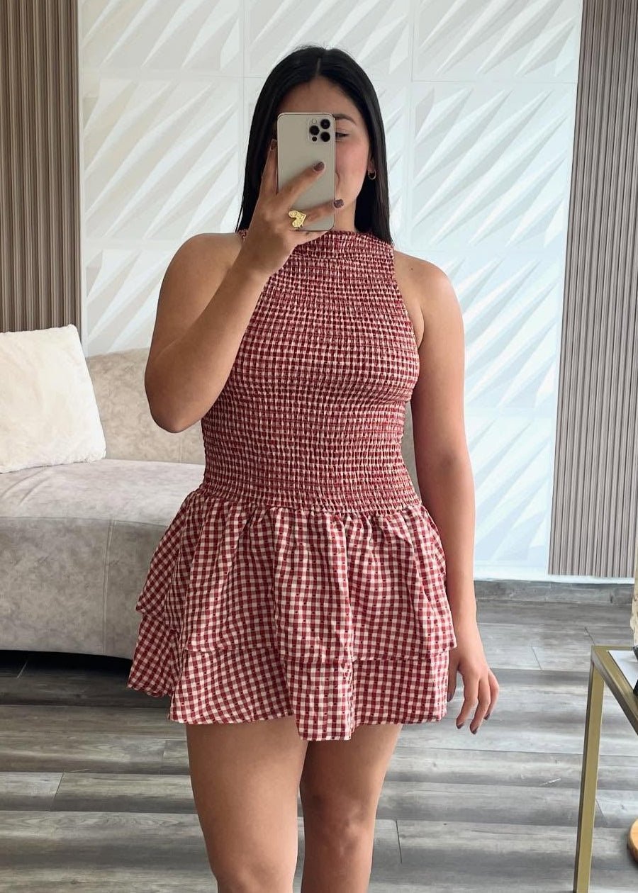 OLANE Plaid Smocked Layered Mini Dress RedLWomen's Dresses
