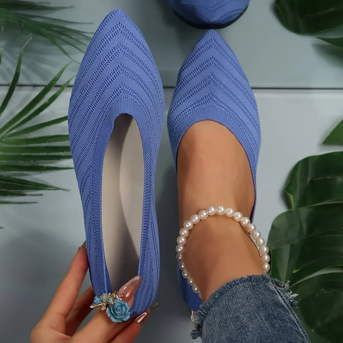 OLANE Pointed Toe Knitted Ballet Flats Blue35Women's Shoes