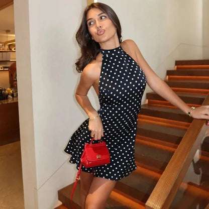 OLANE Polka Dot Backless Lace - Up Mini Dress BlackSWomen's Dresses