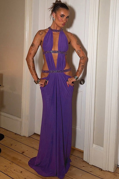 OLANE Rhinestone Ruched Cut Out Maxi Dress PurpleLWomen's Dresses