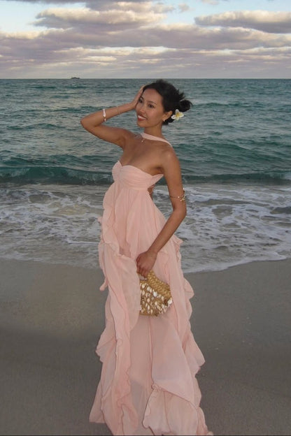 OLANE Romantic Strapless Ruffled Maxi Dress Baby PinkSWomen's Dresses