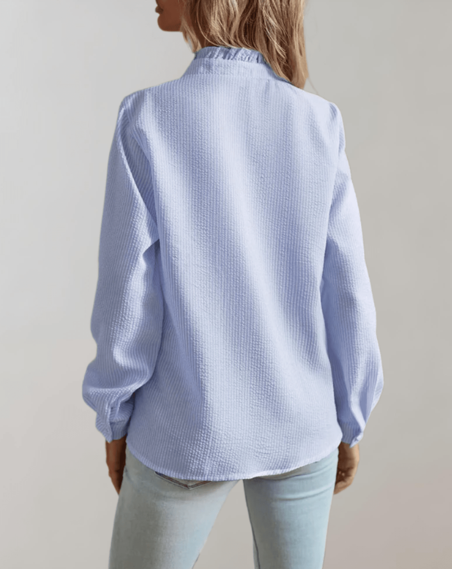OLANE Ruffled Stand - Up Collar Loose - Fitting Blouse BlueLWomen's Tops