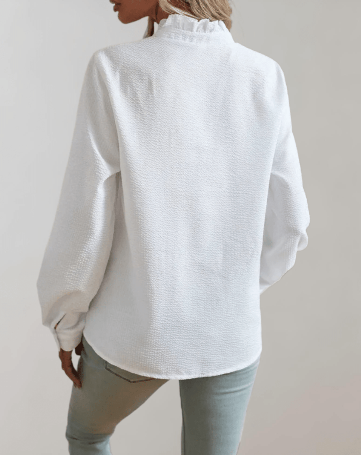 OLANE Ruffled Stand - Up Collar Loose - Fitting Blouse WhiteMWomen's Tops