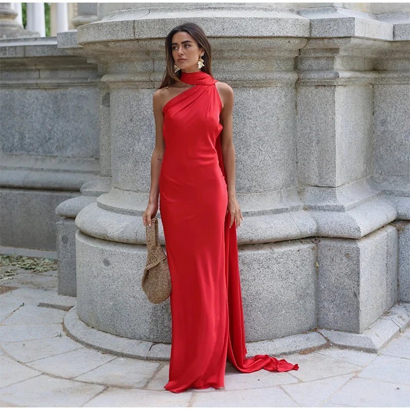 OLANE Satin Ribbon Backless Evening Gown RedSWomen's Dresses