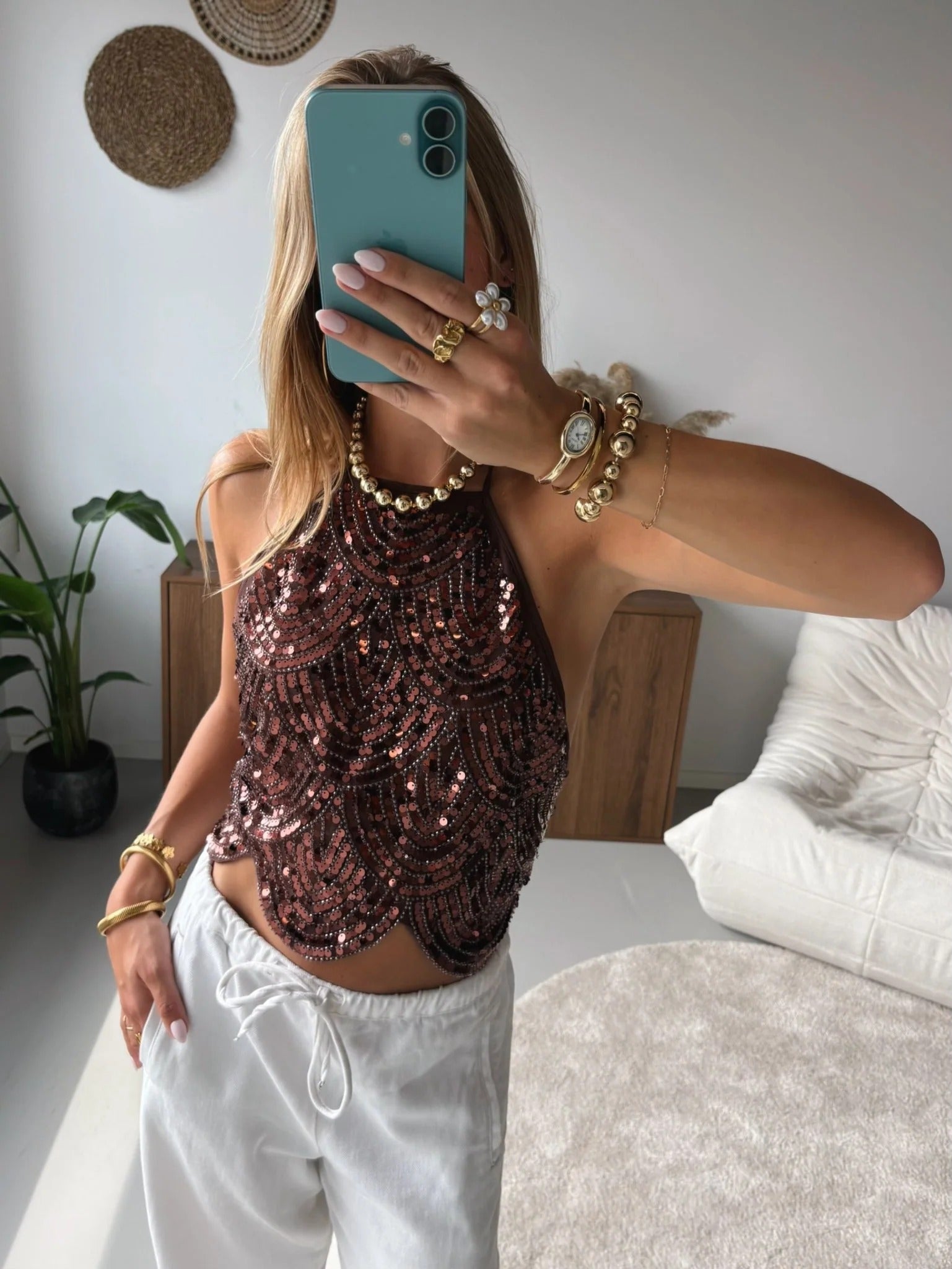 OLANE Sequin Backless Halter Top BronzeXSWomen’s Tops