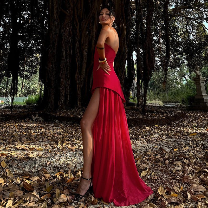 OLANE Sheer Asymmetric Strapless Maxi Dress BrownLWomen's Dresses