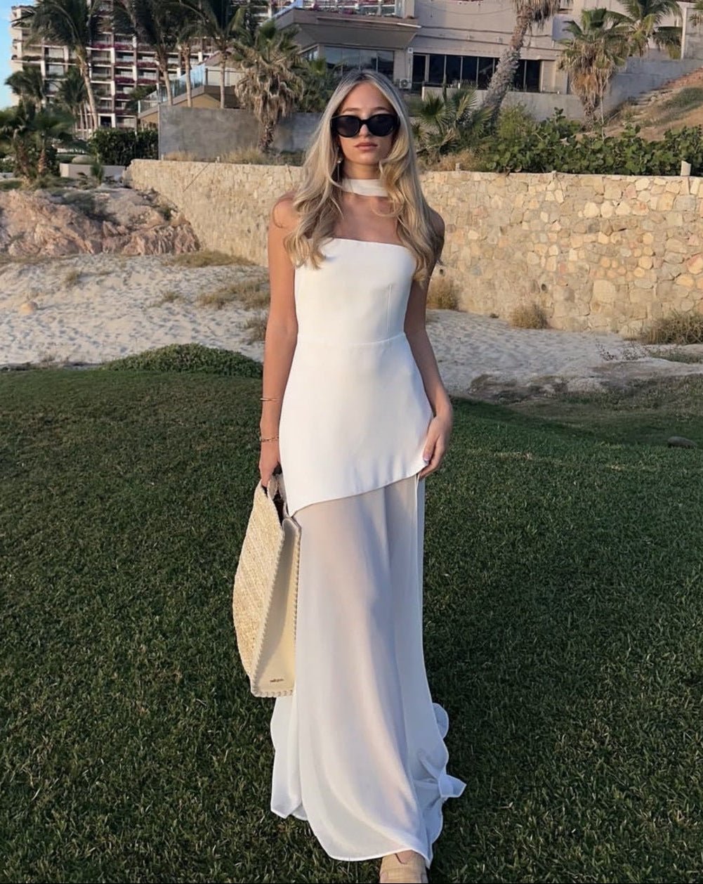 Transparentes, asymmetrisches, trägerloses Maxikleid