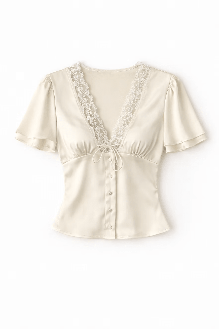 OLANE Short Sleeves Lace Satin Button Blouse BlackXSWomen’s Tops