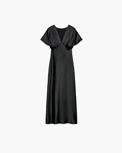 OLANE Short Sleeves V - Neck Satin Midi Dress BlackMWomen's Dresses