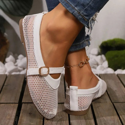 OLANE Simona Mesh Mary Jane Ballet Flats White36Women's Shoes