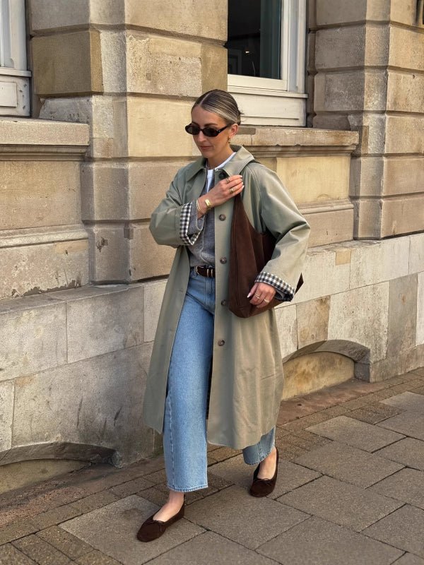 OLANE Single Breasted Check-Accent Trench Coat Sage GreenSWomen's Coats & Jackets