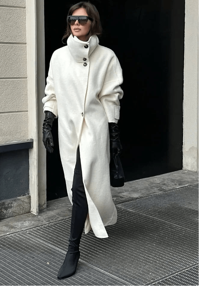 OLANE Single Breasted Stand Collar Long Coat IvorySWomen's Coats & Jackets
