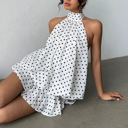 OLANE Sleeveless Halter Backless Mini Dress Polka DotMWomen's Dresses
