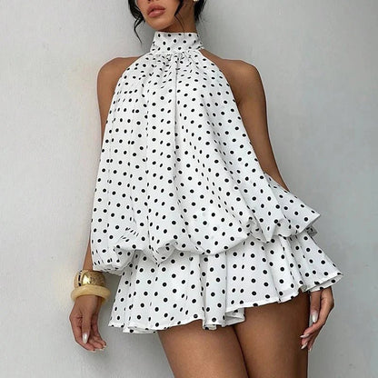 OLANE Sleeveless Halter Backless Mini Dress Polka DotSWomen's Dresses