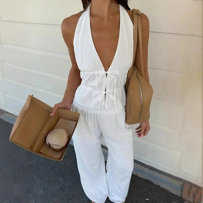 OLANE Sleeveless Halter Wide-leg Two-Piece Set WhiteSWomen's Sets