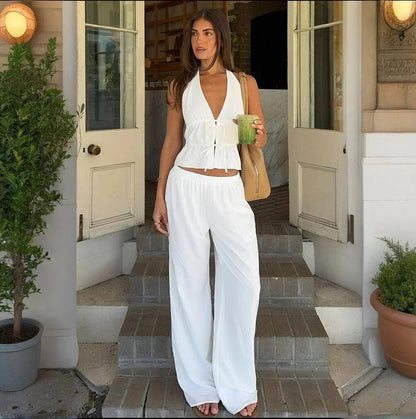 OLANE Sleeveless Halter Wide-leg Two-Piece Set WhiteSWomen's Sets