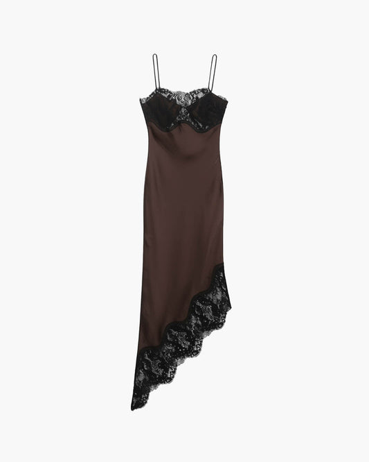 OLANE Sleeveless Lace Satin Sling Dress BrownXSWomen's Dresses
