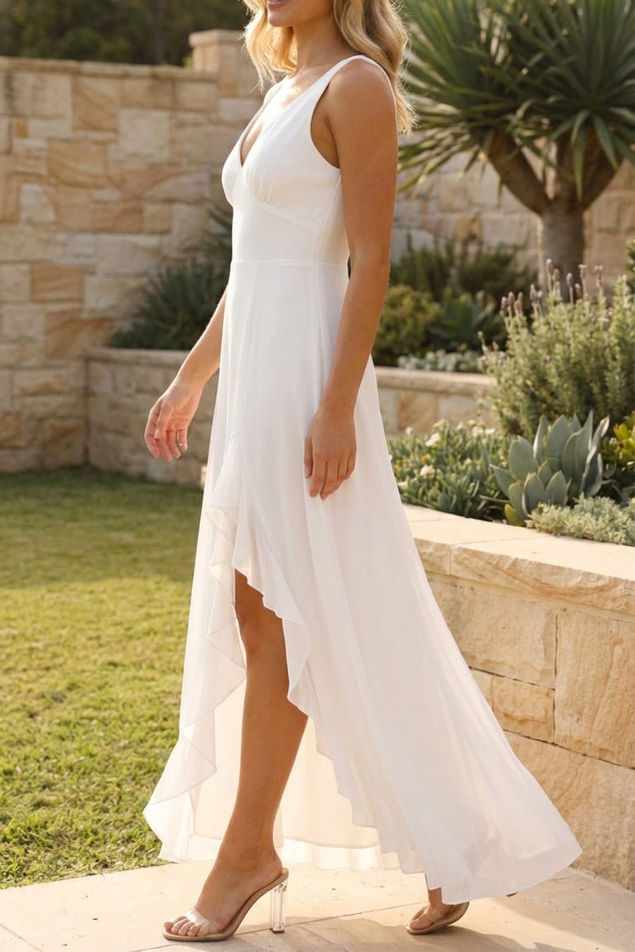 OLANE Sleeveless Ruffled Slit Maxi Dress WhiteSWomen's Dresses