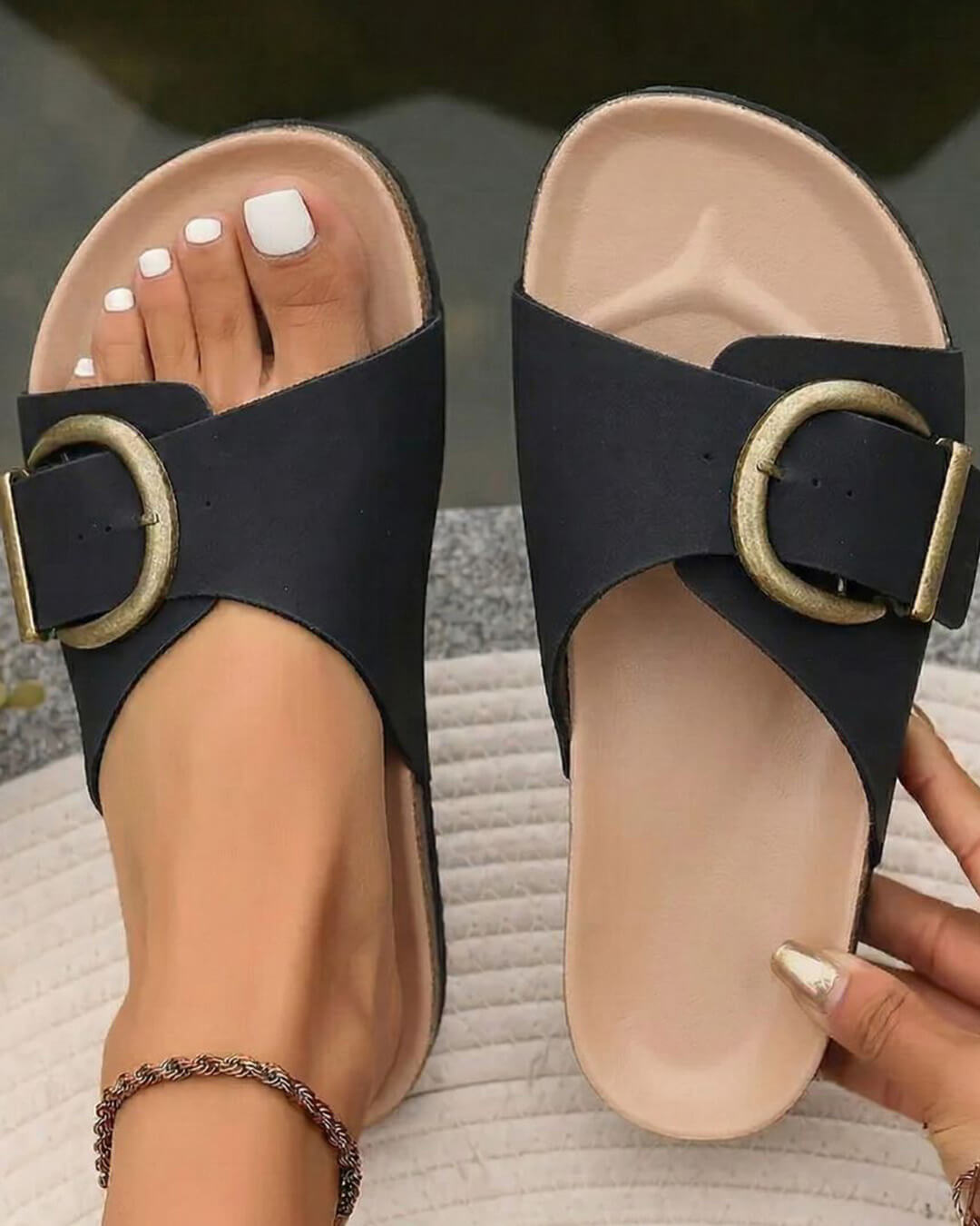 OLANE Slip - On Brass Buckles Orthopedic Sandals Black36Women's Shoes