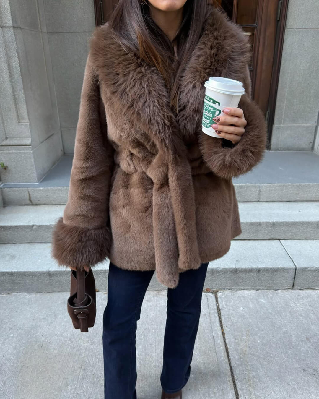 OLANE Soft Plush Faux Fur Trim Coat BrownSWomen's Coats & Jackets