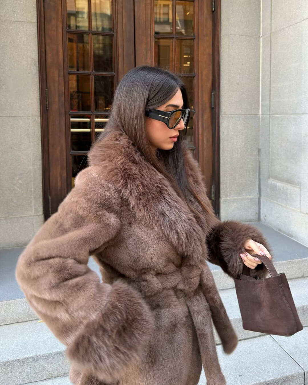 OLANE Soft Plush Faux Fur Trim Coat BrownSWomen's Coats & Jackets