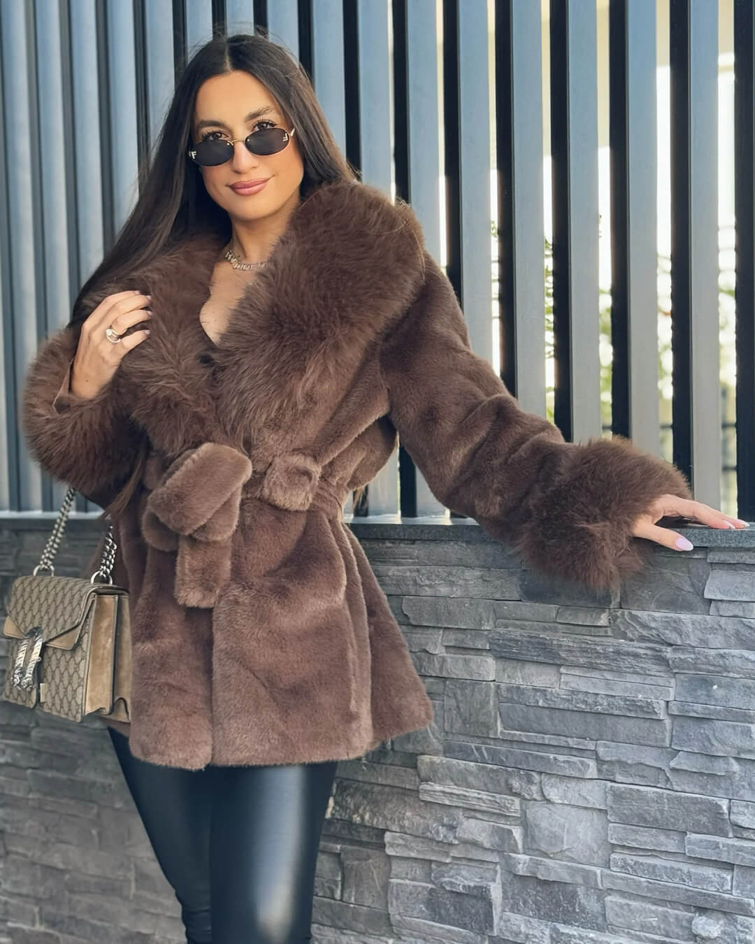 OLANE Soft Plush Faux Fur Trim Coat BrownSWomen's Coats & Jackets