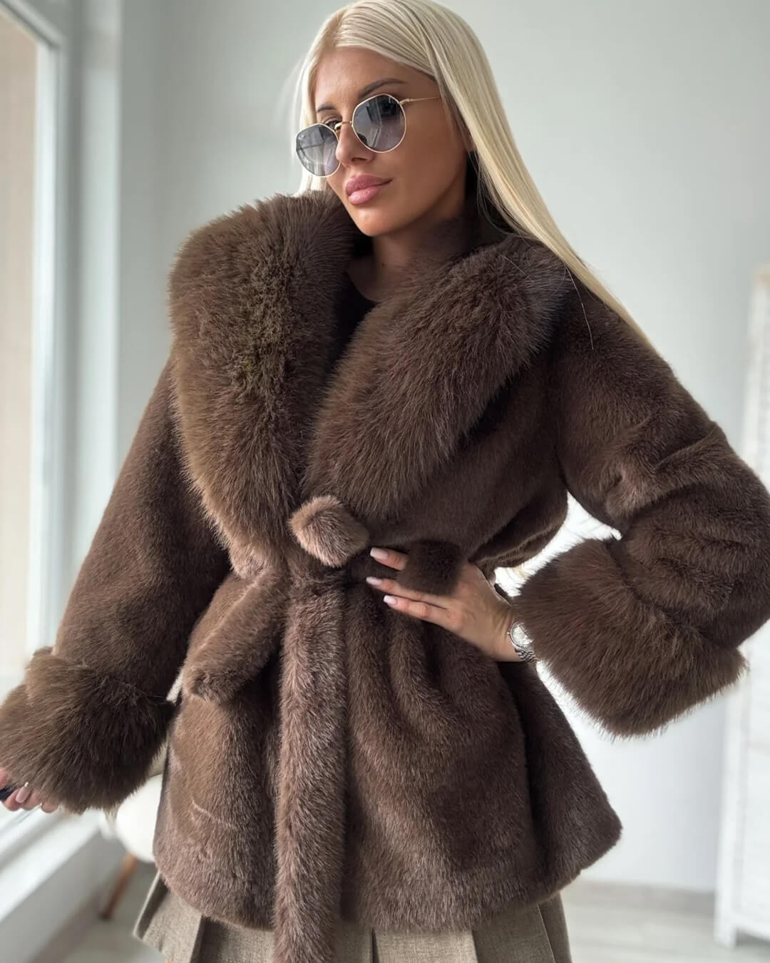 OLANE Soft Plush Faux Fur Trim Coat BrownSWomen's Coats & Jackets